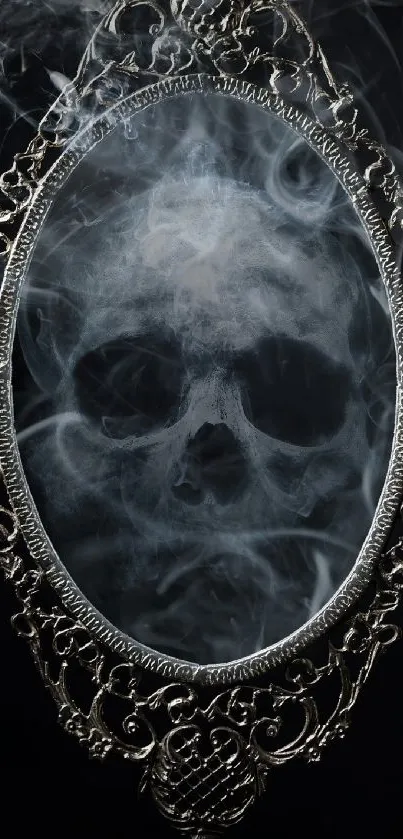 Mystical smoke forms a skull in an ornate mirror.