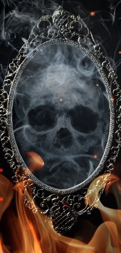 Smoke skull in ornate frame on black background, gothic art.