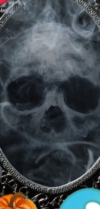 Mystical smoke skull in ornate frame adds a gothic touch.