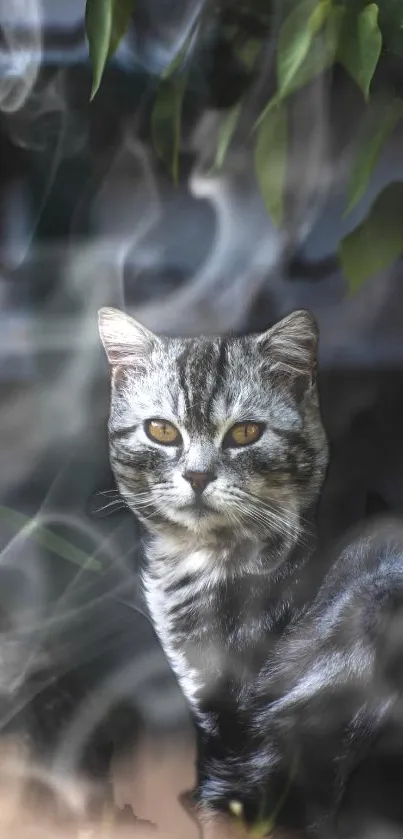 Mystical cat with smoky, elegant design surrounded by leaves.