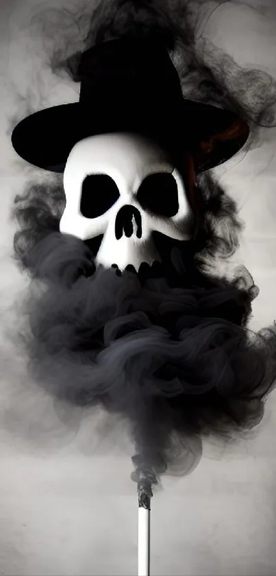 Dark mystical wallpaper with smoky skull and hat emerging from a cigarette.