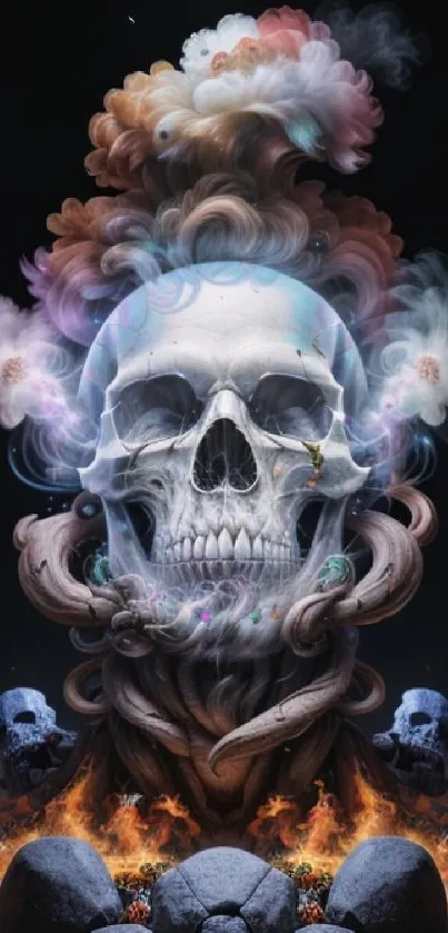 Ethereal skull with vibrant smoke and dark background wallpaper.