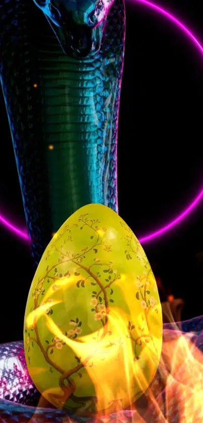 Mystical wallpaper with snake and decorated egg glowing in neon light.