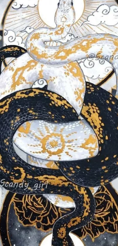 Mystical snake art mobile wallpaper with gold, black, and white serpents intertwined.