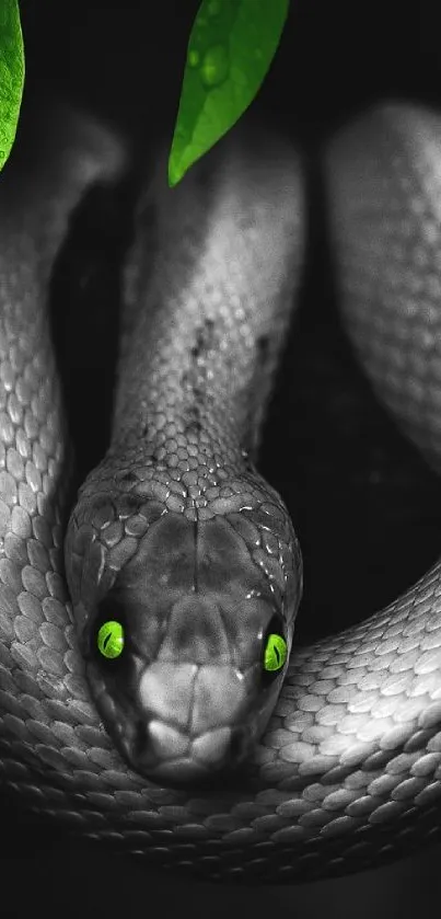 Black and white snake with neon green eyes against a leafy background.