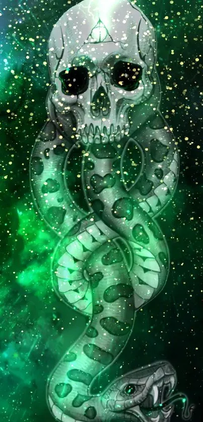 Mystical green snake and skull art with cosmic star background.