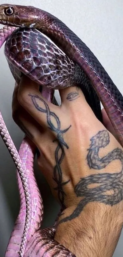 Hand with snake tattoo entwined around fingers, purple hues dominate.