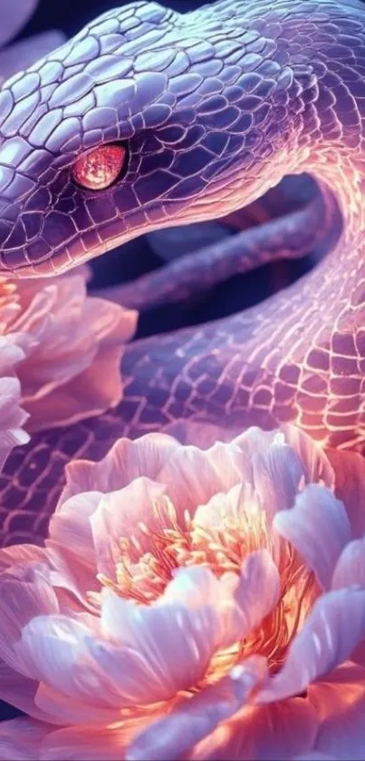 Mystical purple snake entwined with glowing flowers.