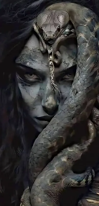 Woman wrapped in mystical snake, dark aesthetic art wallpaper.