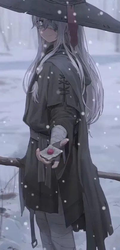 Anime character in snowy forest holding a mysterious item.