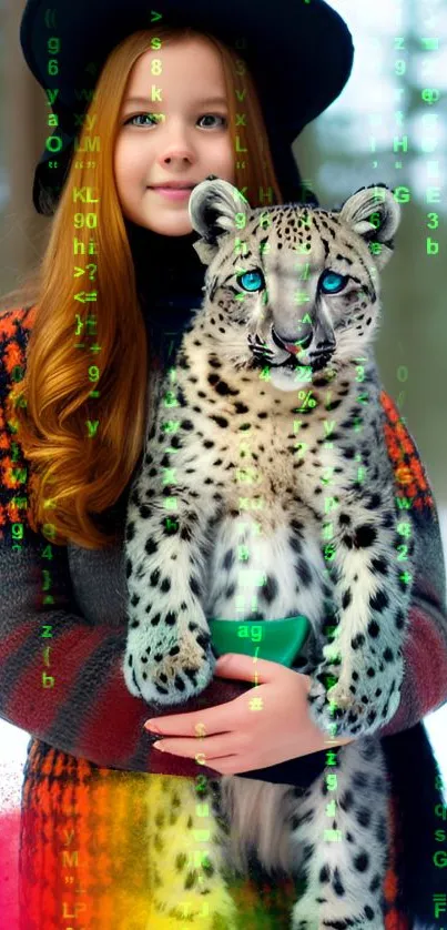 Girl holding a snow leopard with digital text overlay.