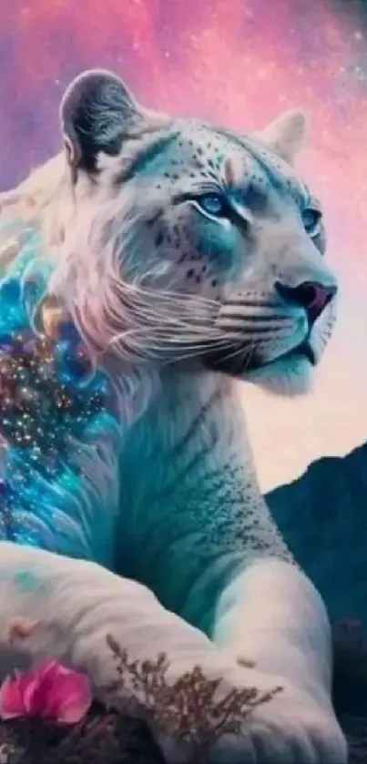 Mystical snow leopard with cosmic colors in a vibrant, fantasy setting.