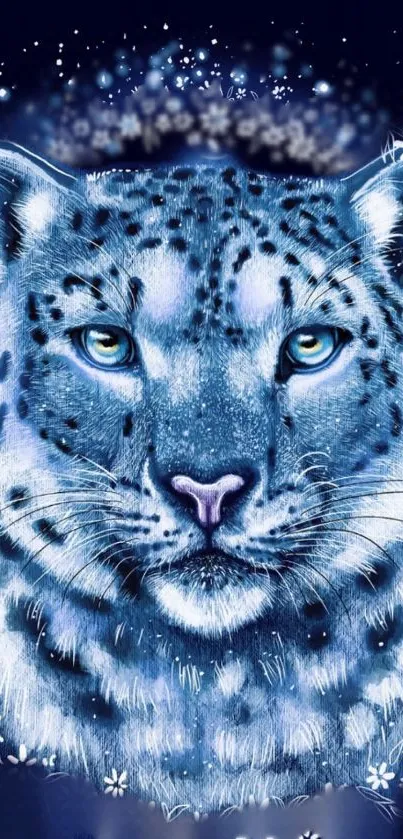 Mystical snow leopard with vibrant blue cosmic design.