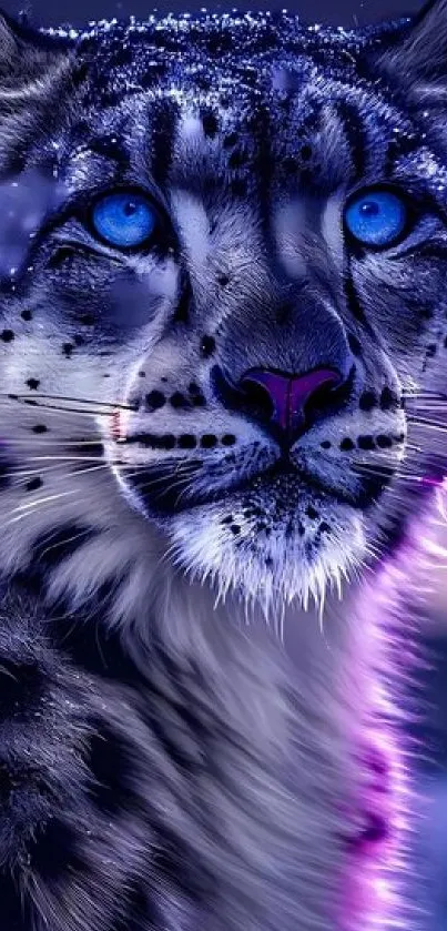 Mystical snow leopard with blue eyes in a nighttime setting.