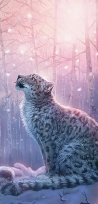 Mystical snow leopard in a lavender forest under falling snow.