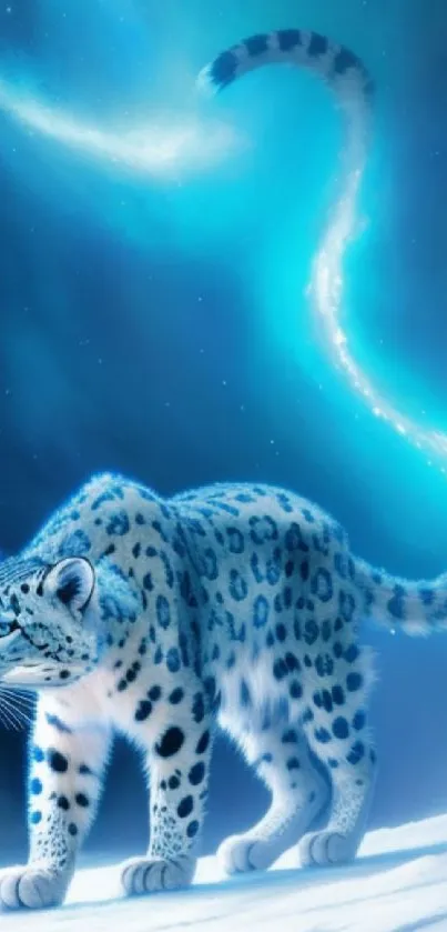 A snow leopard with ethereal blue tail in a mystical snowy landscape.