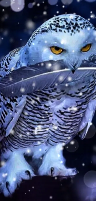 Mystical snow owl with a feather in deep blue night.