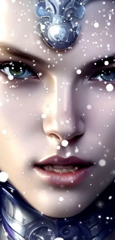 Ethereal face of a snow queen adorned with silver armor and falling snowflakes.