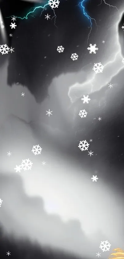 Black and white wallpaper with snowflakes and a stormy sky.