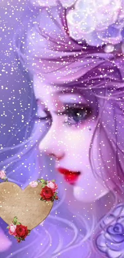 Fantasy portrait wallpaper with snowflakes, roses, and a heart charm.