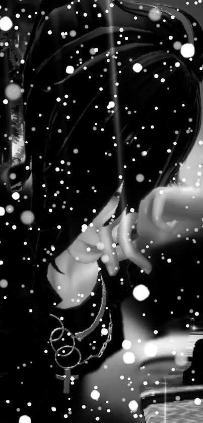 Mystical black and white wallpaper featuring a snowy night silhouette.