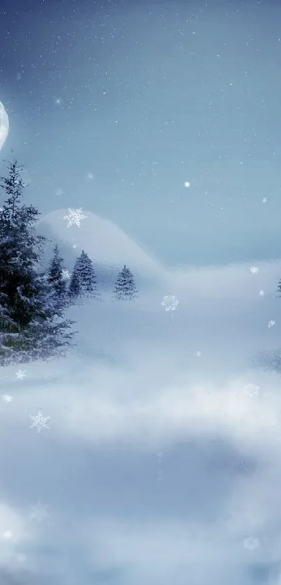 Serene snowy night scene with moon and pine trees in a wintry landscape.