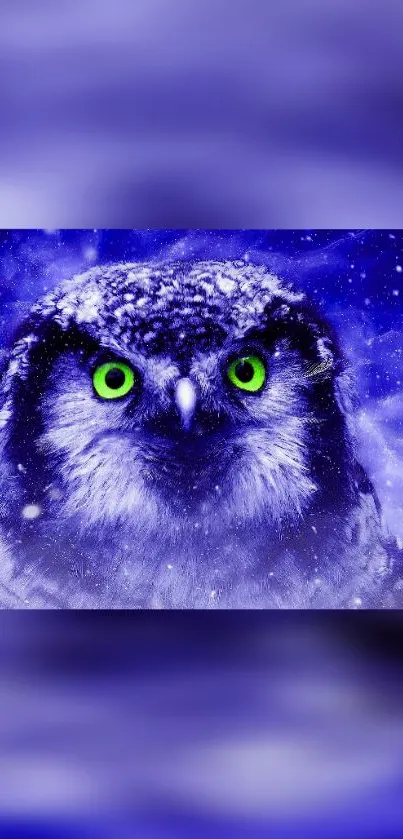 Mystical snowy owl in a purple mist with captivating green eyes.