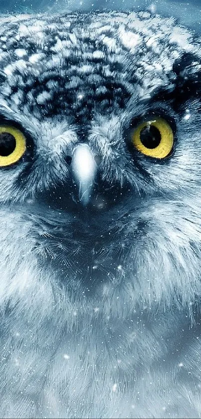 Snowy owl with yellow eyes in a snowy, mystical setting for mobile wallpaper.