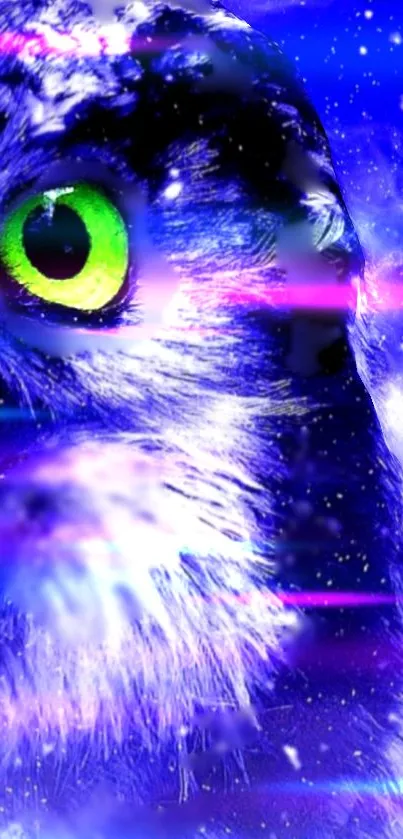 Mystical snowy owl with green eyes on a cosmic blue background.