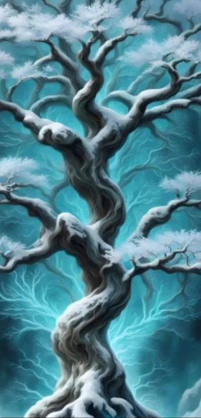 A mystical snowy tree with blue background.