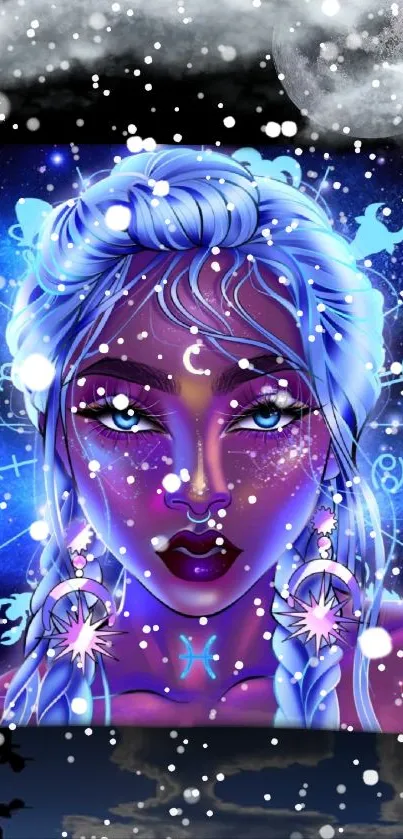 Mystical zodiac-themed wallpaper with snowy cosmic art.