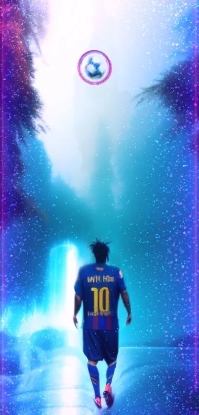 Mystical soccer-themed wallpaper with blue hues and a lone figure.