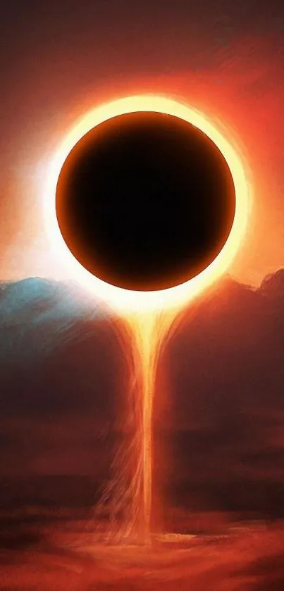 Dramatic solar eclipse with glowing orange-red hues over a dark horizon.