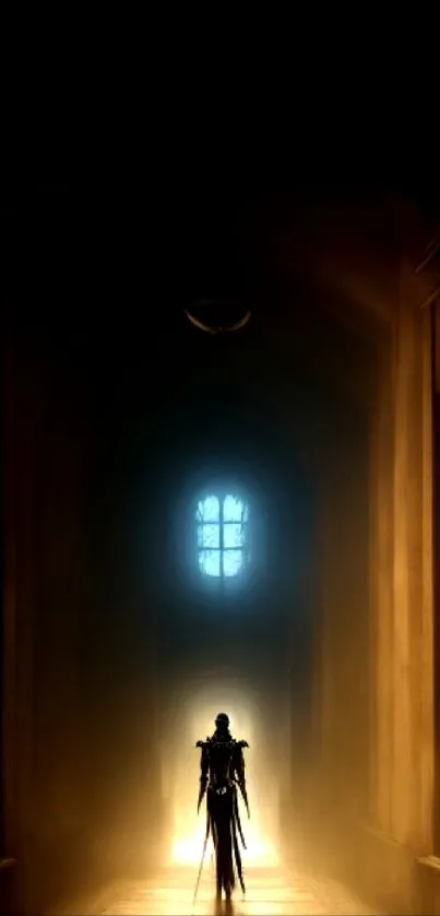 Lone soldier silhouette in glowing mystical corridor background.