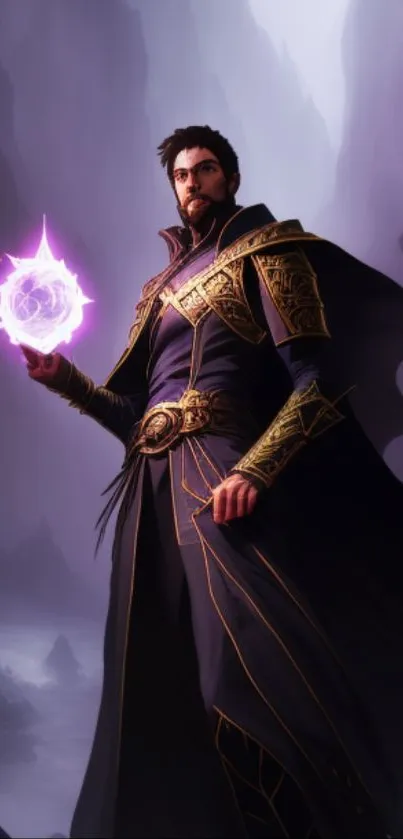 Mystical sorcerer in dark robe with glowing orb, fantasy art wallpaper.