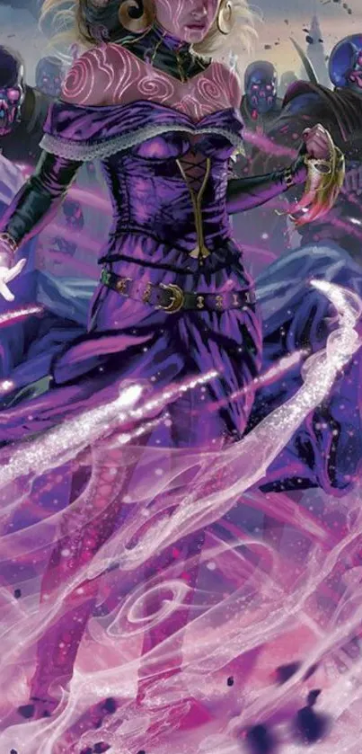 Fantasy artwork of a mystical sorcerer with swirling purple magic.