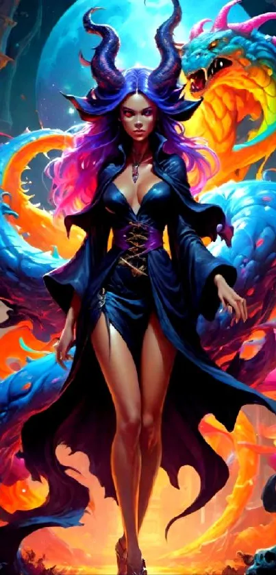 Mystical sorceress with a dragon in colorful digital art wallpaper.