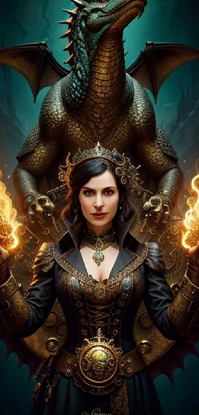 Mystical scene of a sorceress holding flames with a dragon behind.