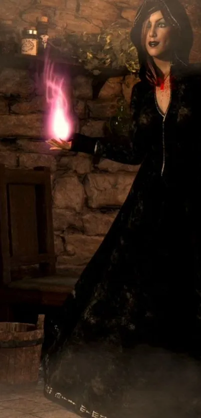 Fantasy sorceress casting spell in ancient chamber.