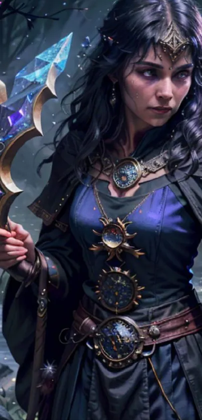 Mystical sorceress holding a magical staff in fantasy art wallpaper.