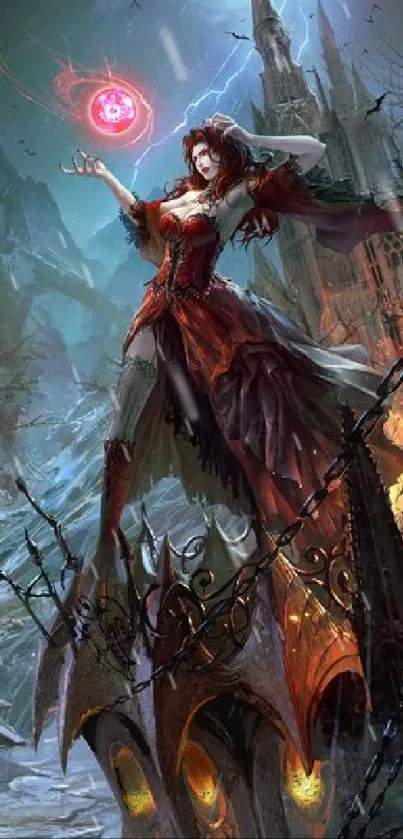 Mystical sorceress stands in a gothic fantasy landscape, casting a spell.