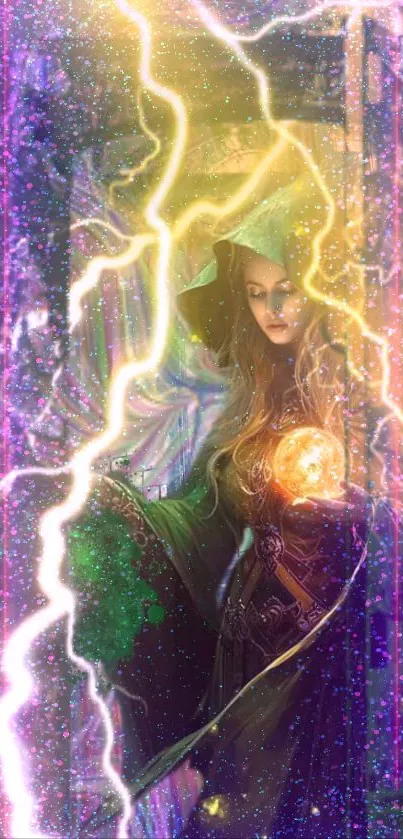 A mystical sorceress with lightning powers in vibrant fantasy art.