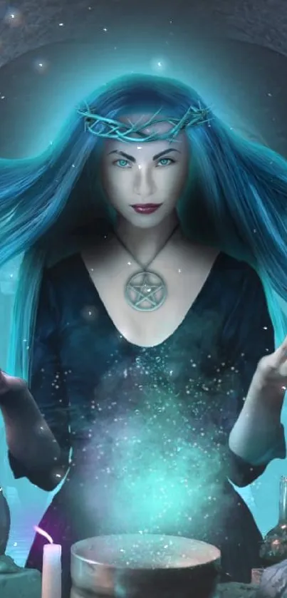 Mystical sorceress with blue hair casting a spell in a magical setting.