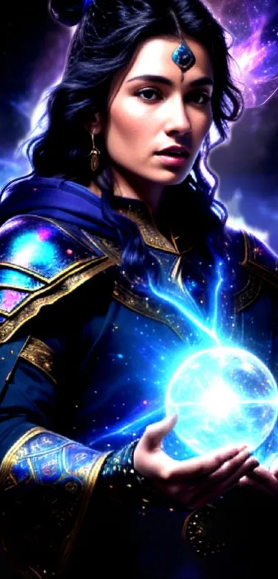 Mystical sorceress with cosmic powers in purple-themed digital wallpaper.