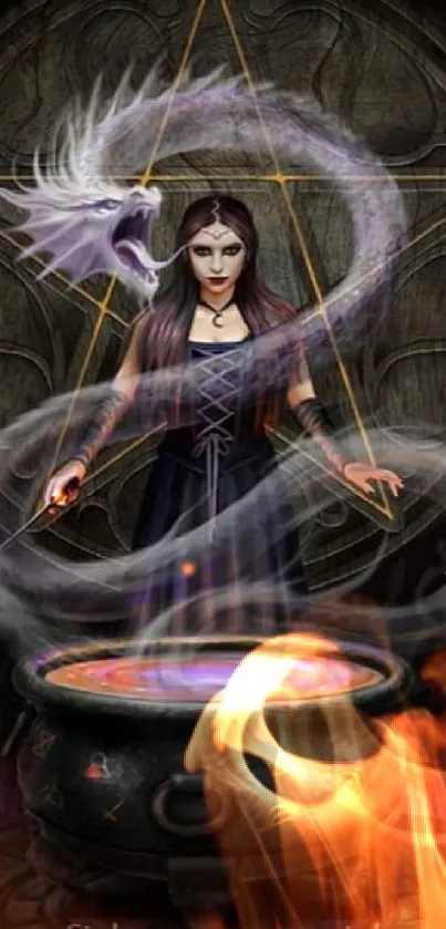 Mystical sorceress summoning a dragon in dark fantasy mobile wallpaper.