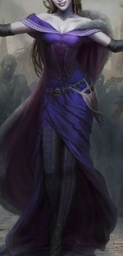 Mystical sorceress in purple dress casting magic in fantasy art wallpaper.