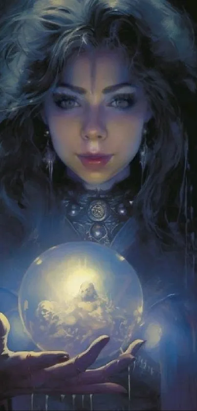 Mystical sorceress holding glowing crystal ball in dark setting.