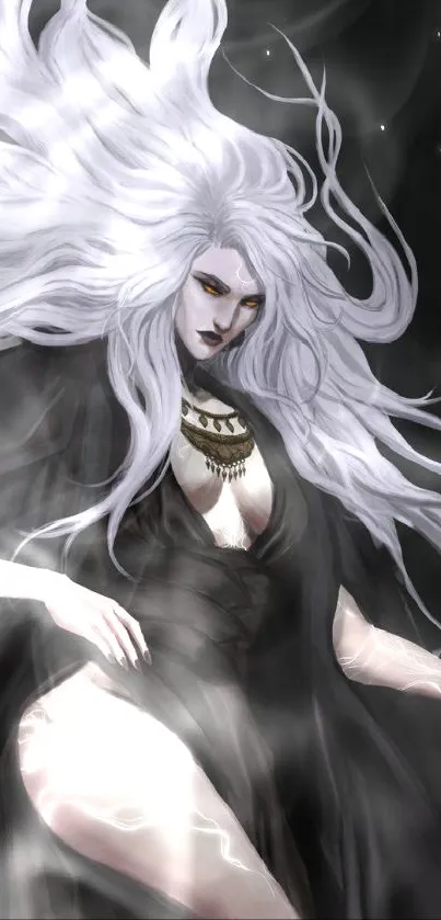 Mystical sorceress with white hair and black cloak