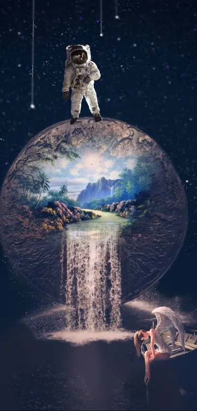 Astronaut on a cosmic sphere with waterfall and night sky.