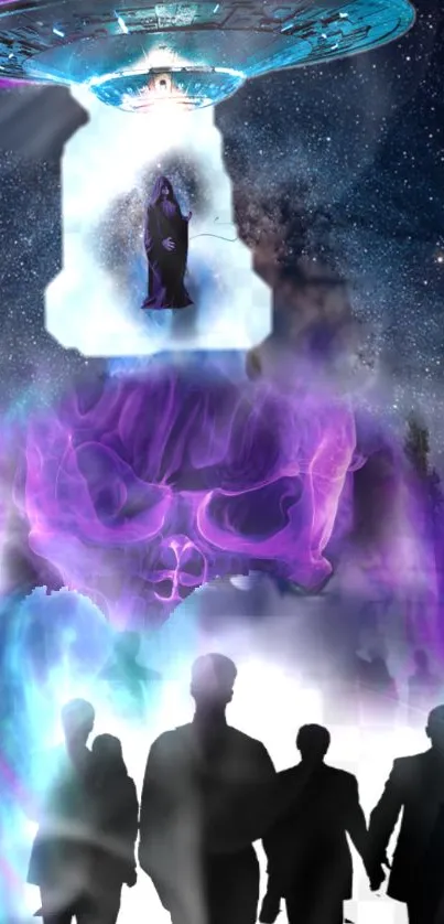 Cosmic themed wallpaper with purple aura and mystical figures.